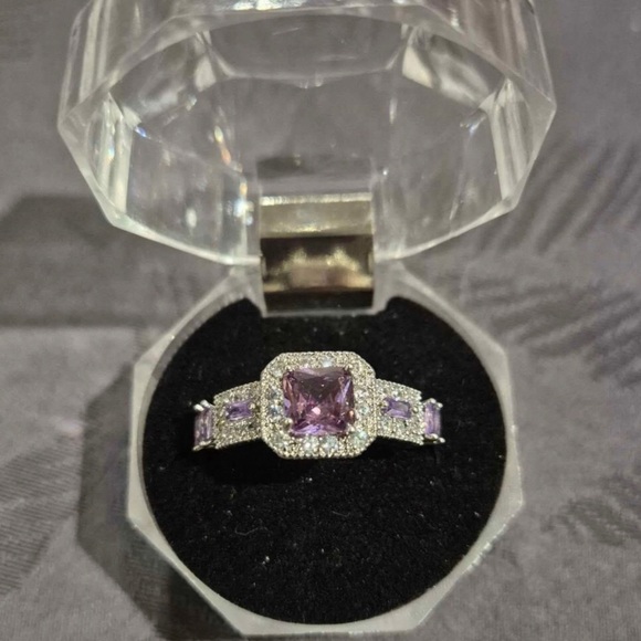 Created Pink Sapphire Princess Halo Ring Size 8 Silvertone Band - Picture 11 of 11